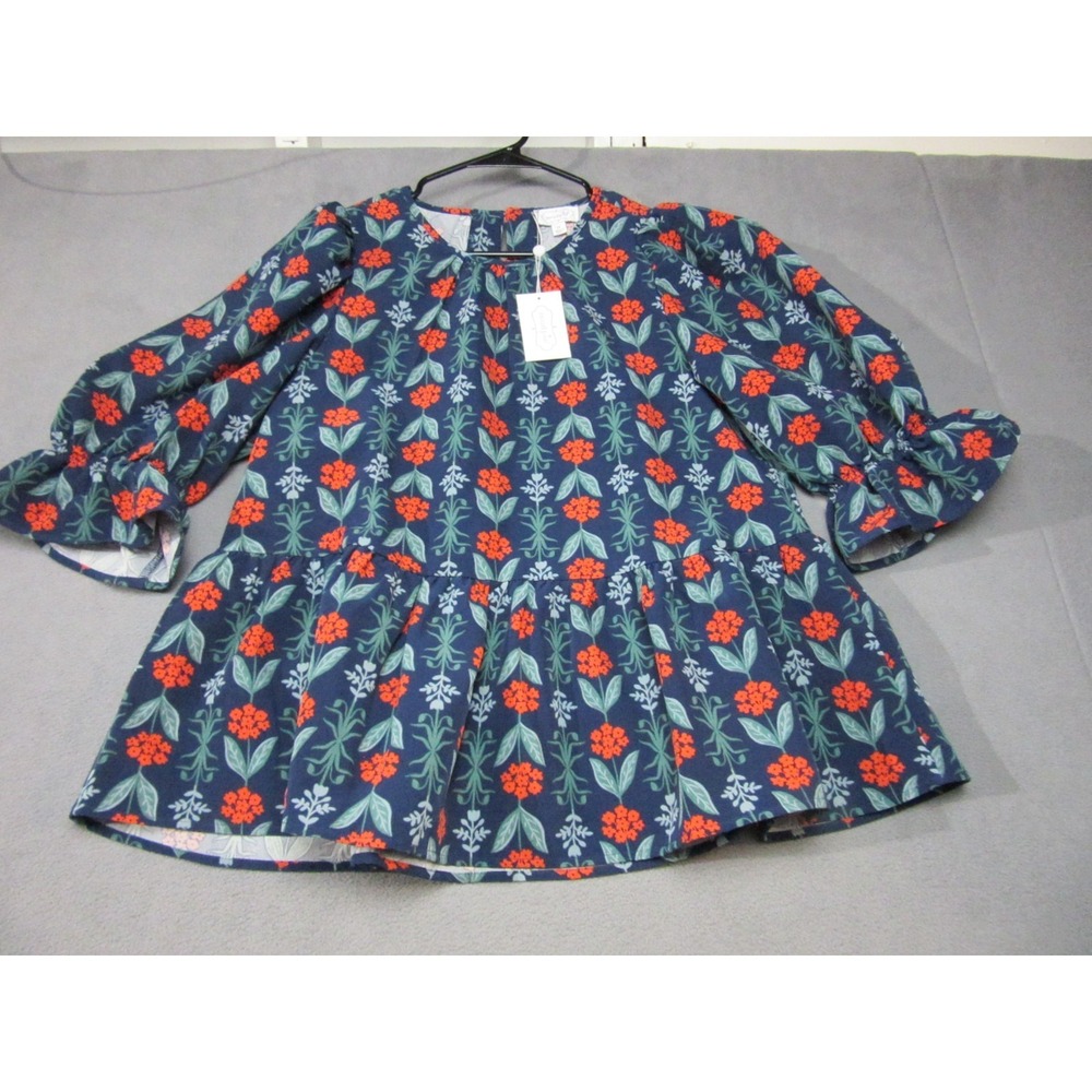 Mud Pie Blouse Top Womens Medium Lola Blue Floral Stretch Pleated Flared Sleeve